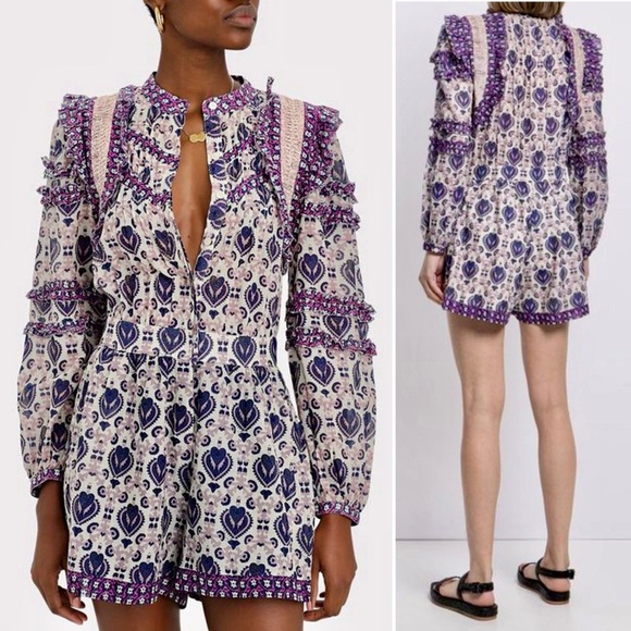 Sea New York Brigitte Border Ruffle Romper in Violet Purple Cotton 4 Small - Picture 14 of 15
